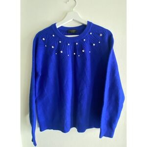 Charter Club Cashmere Sweater Womens Medium Blue Pearl Rhinestone Embellished M